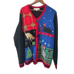 Women's Jolly Sweater Christmas Cat Pullover Sweater Plaid Size XL Faux Cardigan